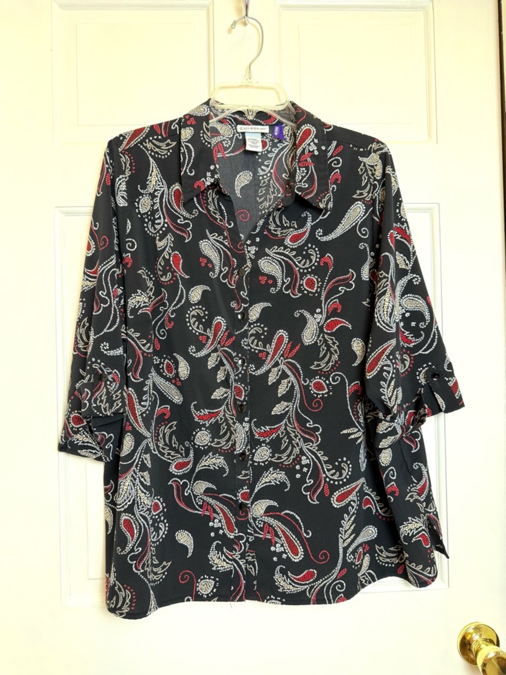 Catherines Black Paisley Blouse with Red & Cream Accents 1XWP Women’s Petite